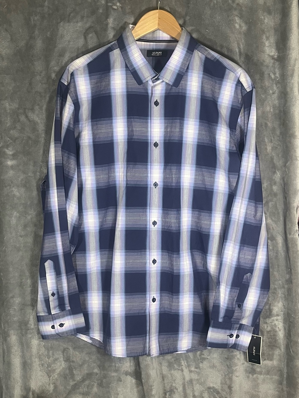 NWT Alfani Men's Navy and White Plaid Button-Down Shirt